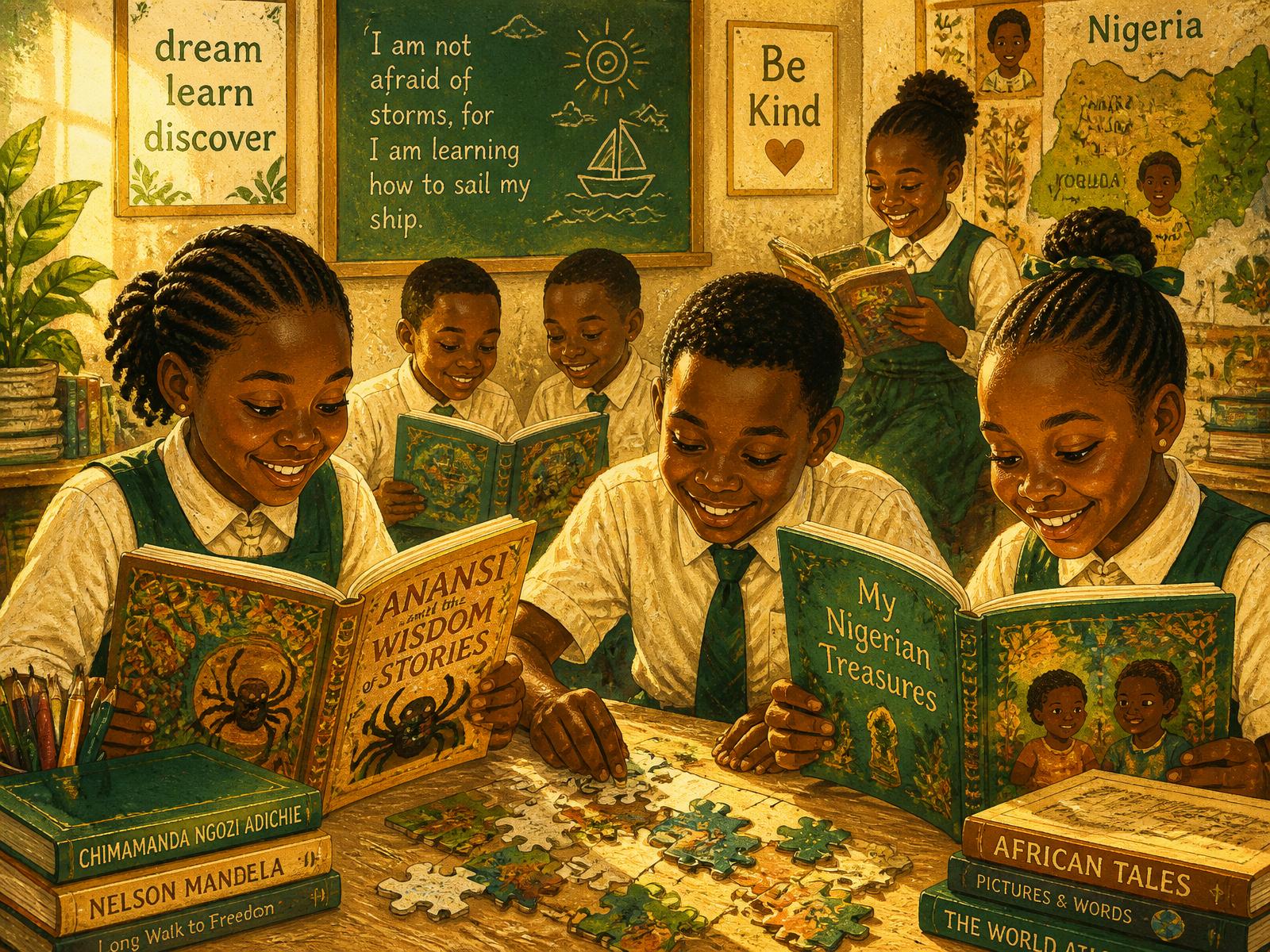Nigerian schoolchildren reading books and solving puzzles together